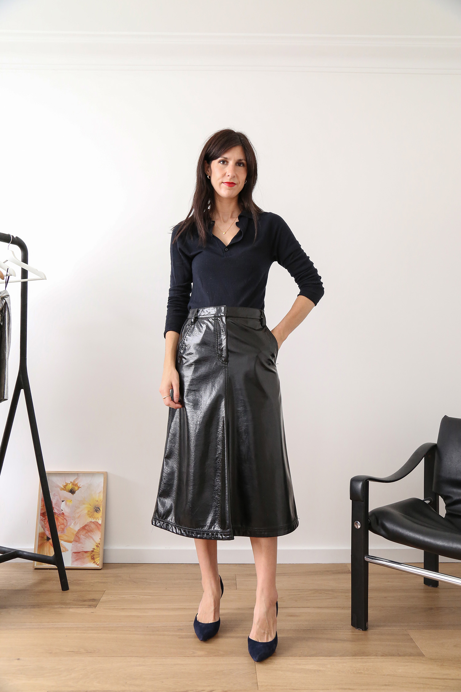 Long sleeve knit polo with black patent skirt for work